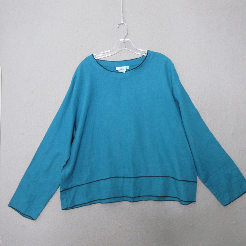Hot Cotton‎ Top XL Blue Linen Blouse Lagenlook Boxy Coastal Made in USA Relaxed